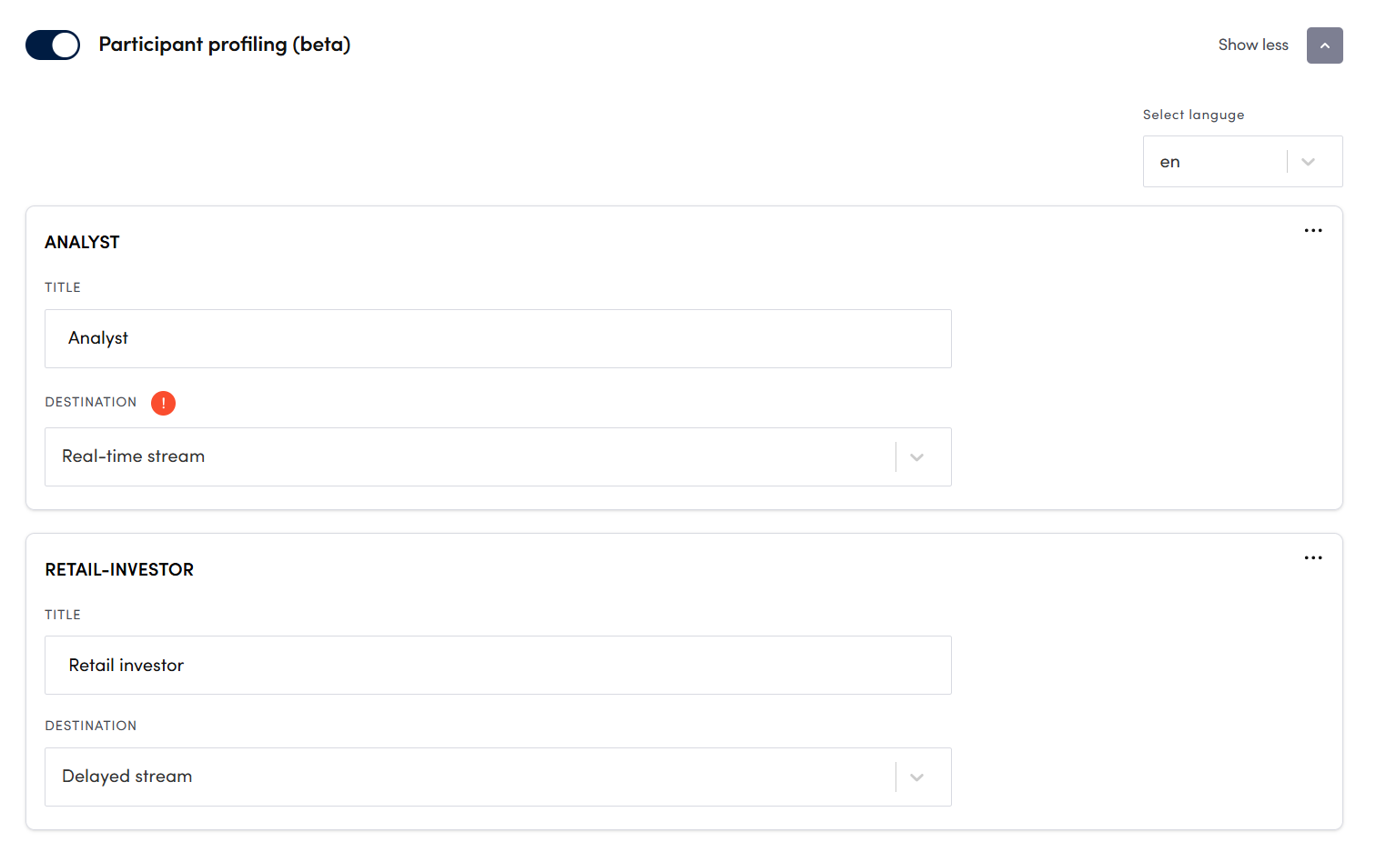 Admin interface — Participant profiling (beta) under Build → Registration, with per-profile Title and Destination settings