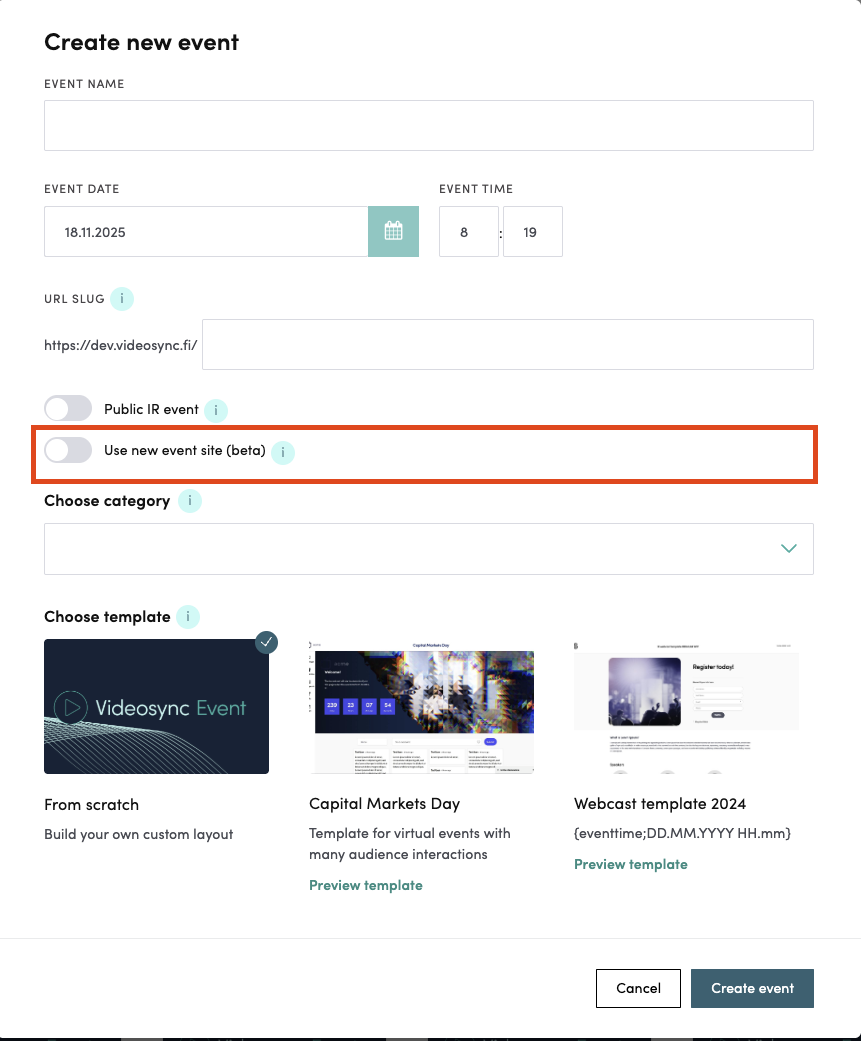 Create new event modal with the Use new event site toggle highlighted