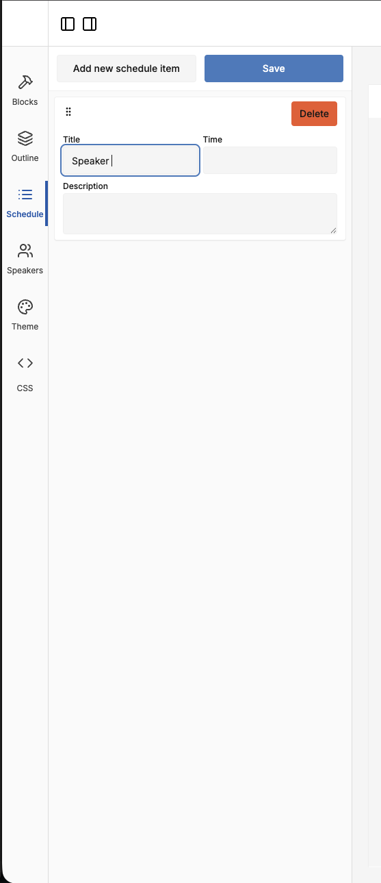 Filling in a new schedule item's title, time, and description