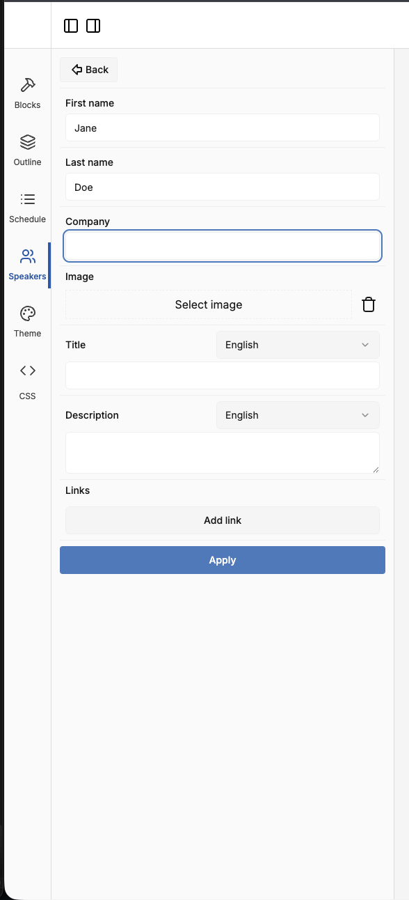 Speaker form: first and last name, company, image, title, description, and links