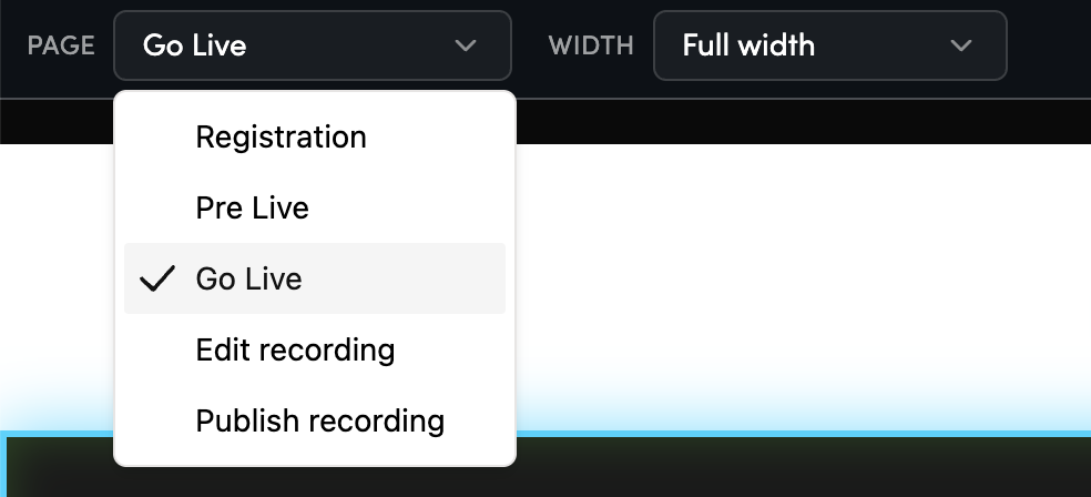 PAGE dropdown open. Options: Registration, Pre Live, Go Live (selected), Edit recording, Publish recording.