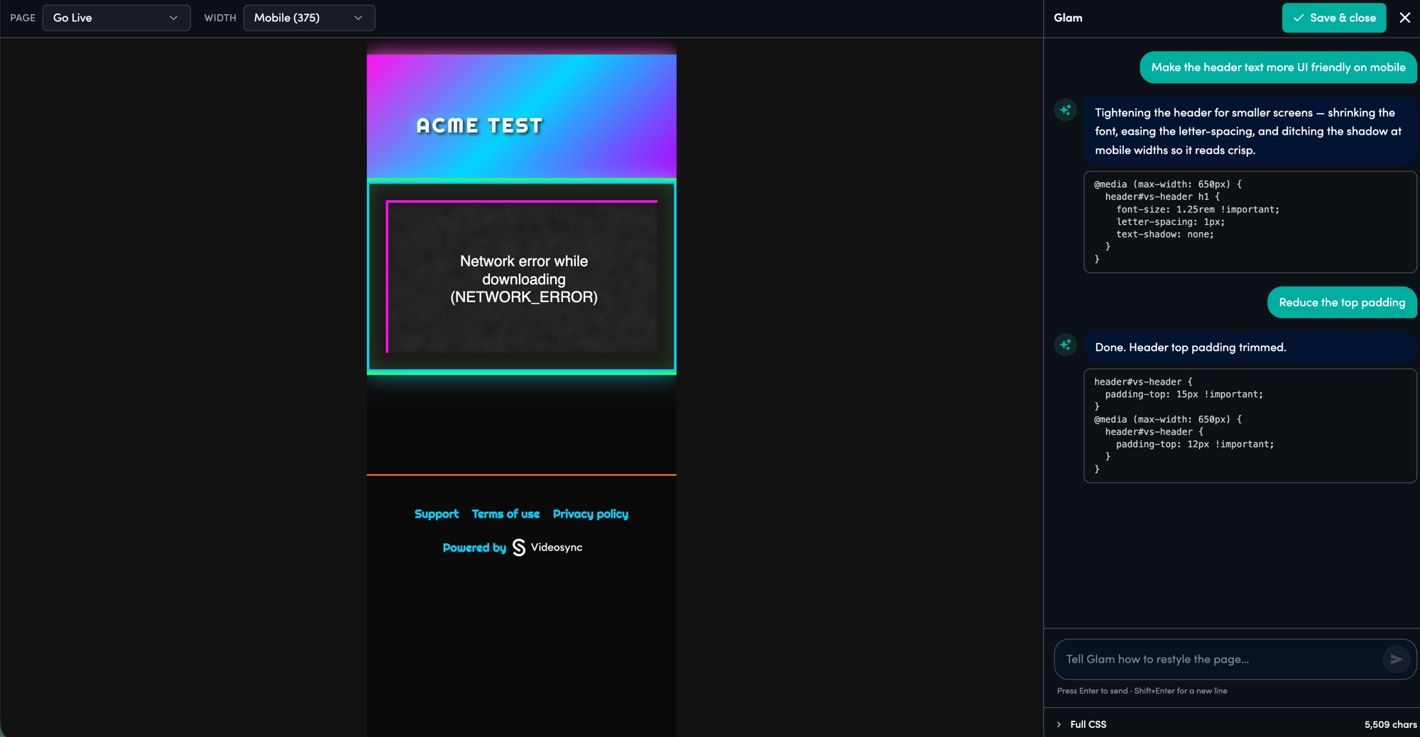 Glam on a mobile preview. The user asked to make the header more UI-friendly on mobile and then to reduce the top padding. Glam responded with @media query CSS and a padding adjustment.