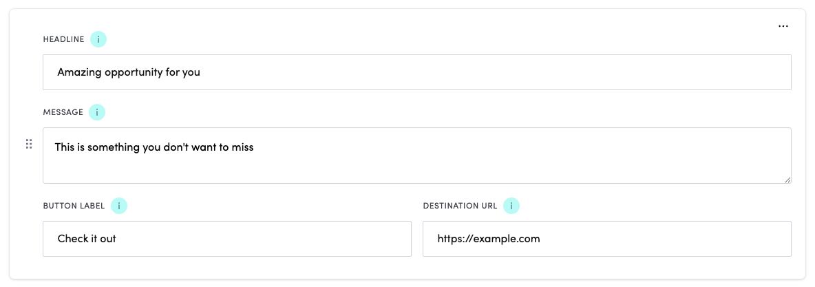 Call to action editor in Event Admin with headline, message, button label and destination URL fields