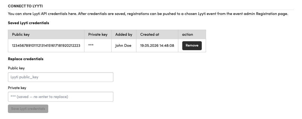 Connect to Lyyti section in Account settings showing the saved credentials table and the form for adding or replacing the public/private key pair
