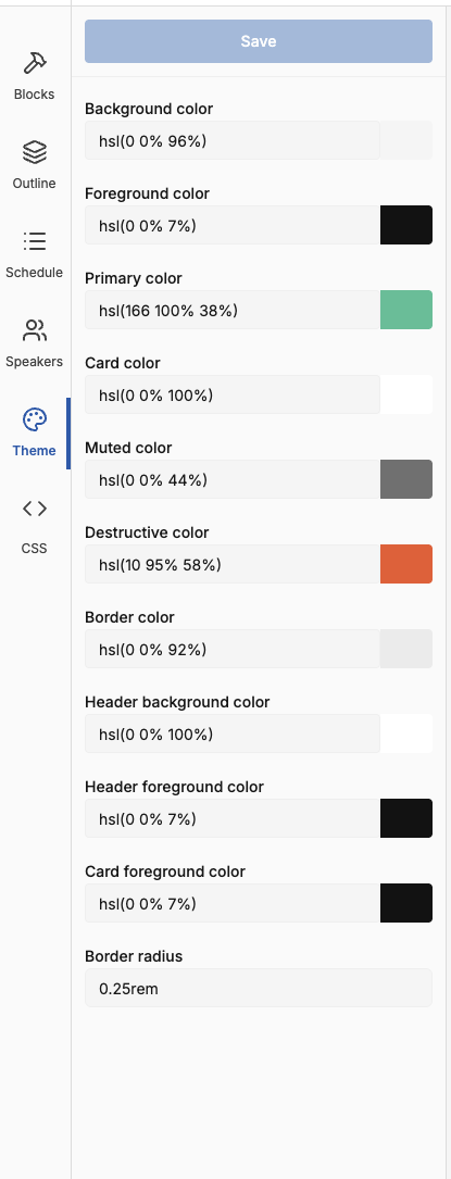 Theme panel in the editor