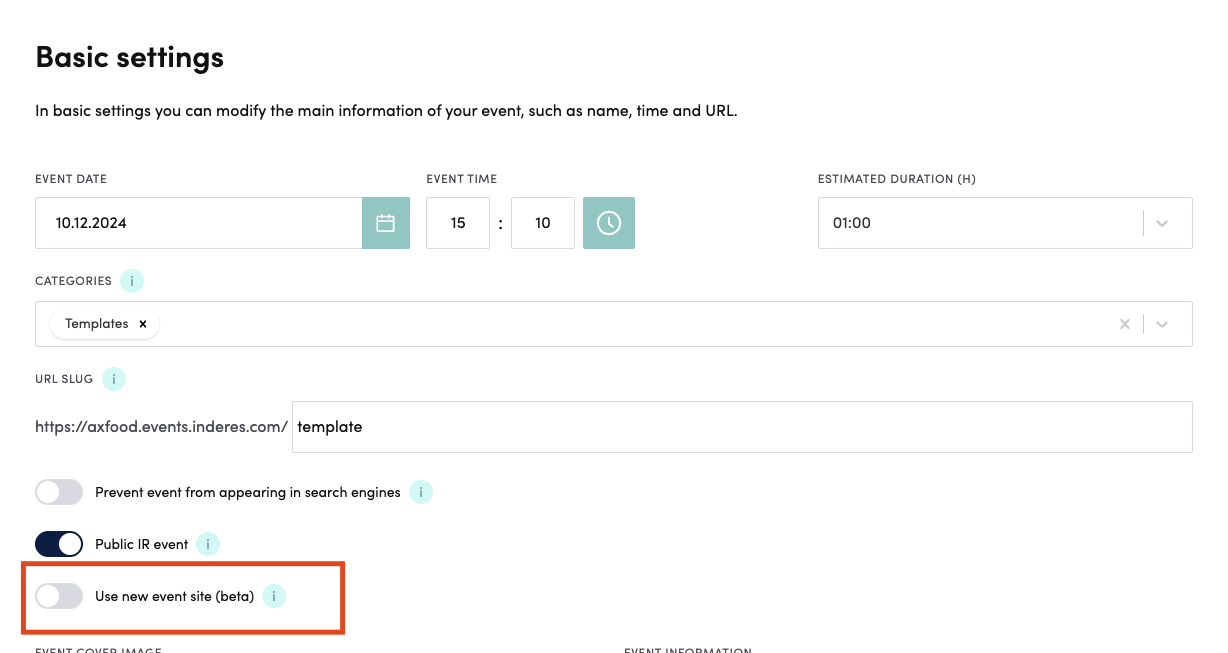 New event site toggle in an existing event's Basic settings