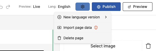 Settings wheel menu: new language version, import page data, delete page