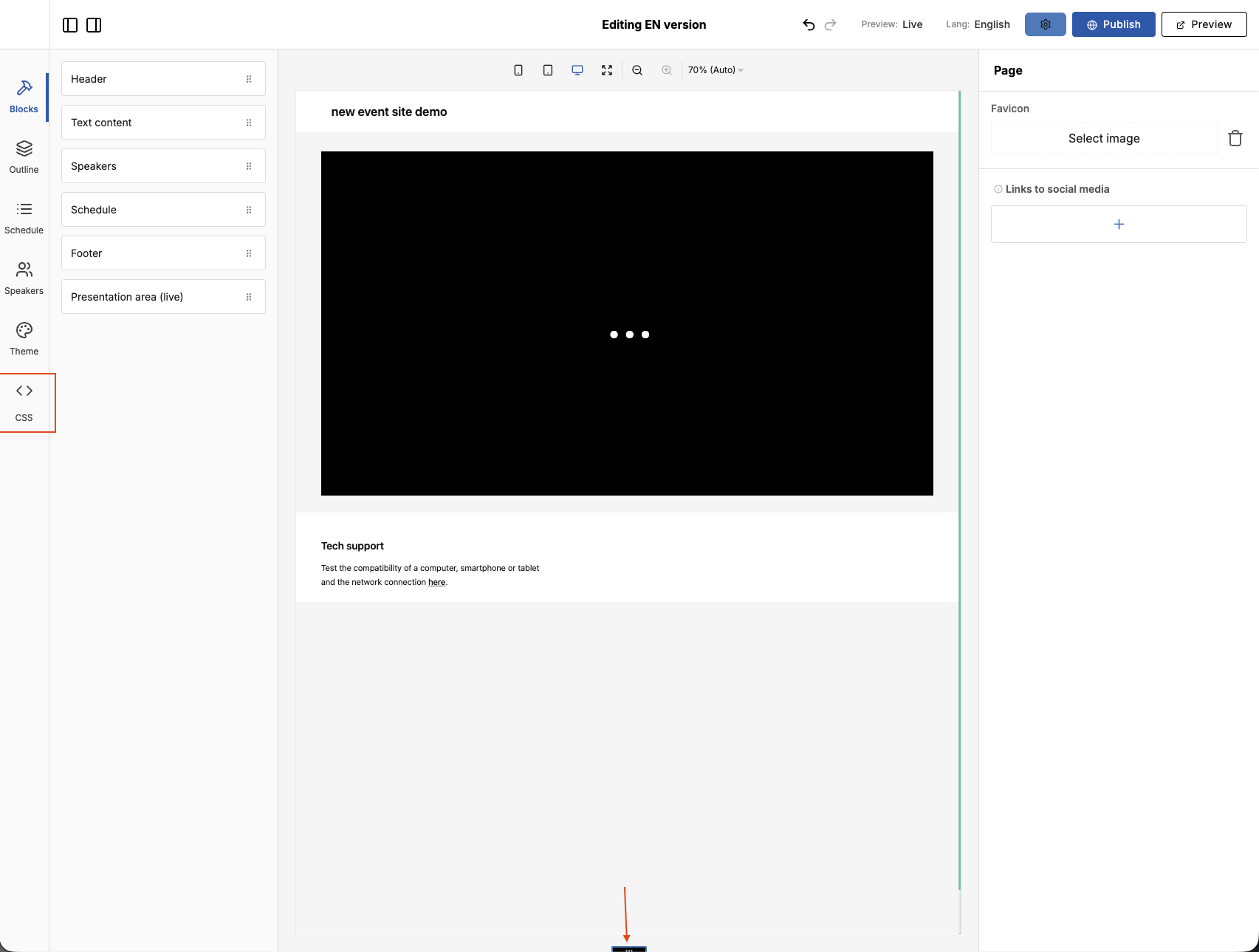 CSS editor access from the left sidebar and the bottom-bar drag icon