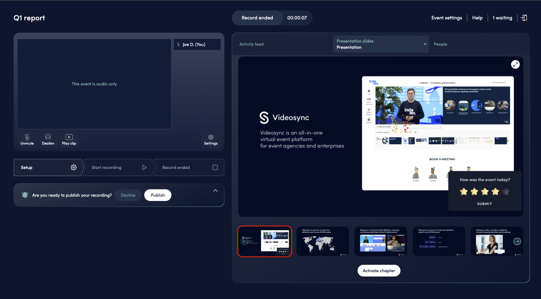 Web Studio prompt asking whether to publish the recording after processing is complete
