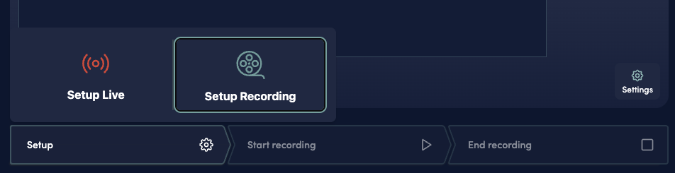 Setup popover in Web Studio showing Setup Live and Setup Recording options