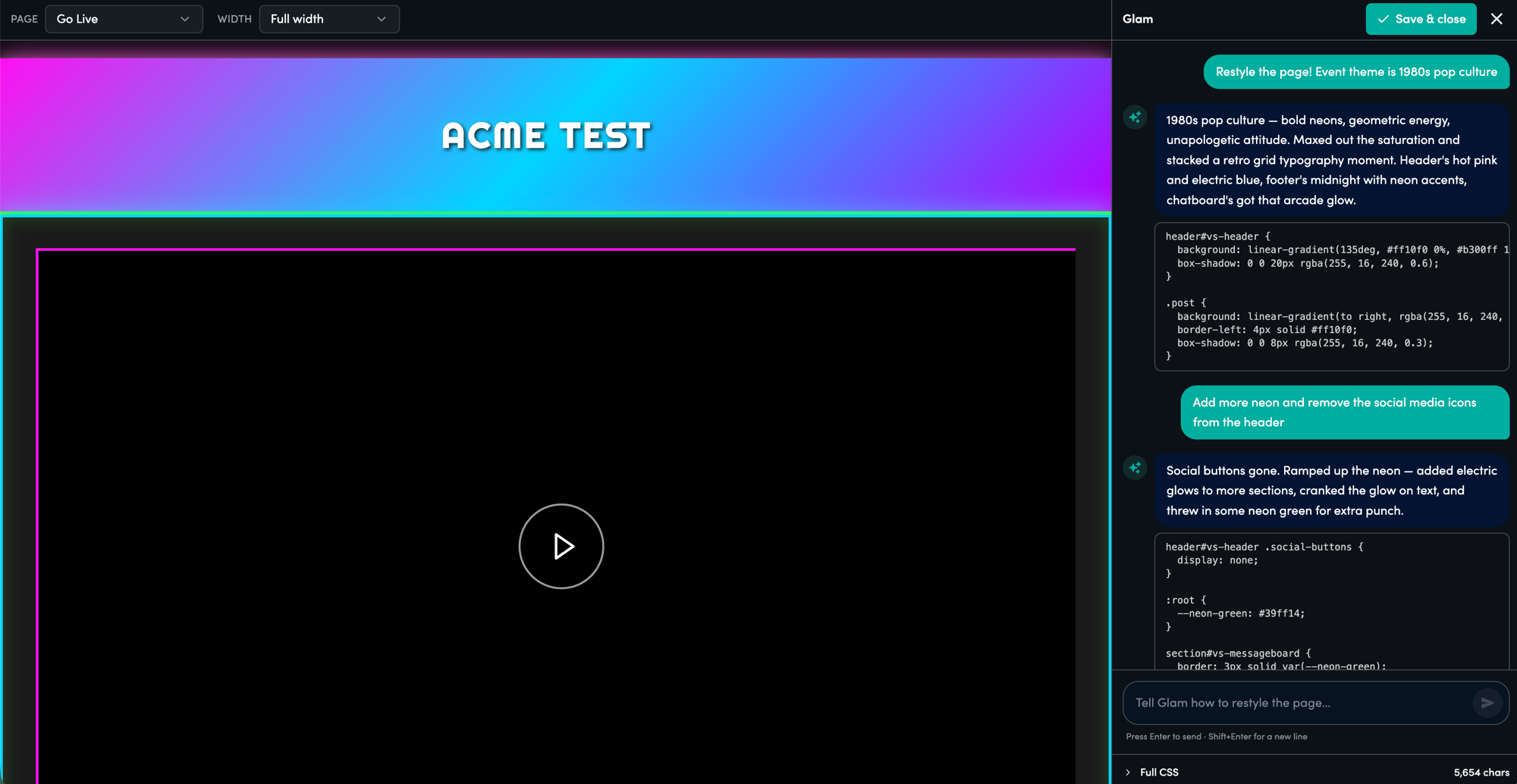 Glam mid-restyle. The prompt 'Restyle the page! Event theme is 1980s pop culture' produced a neon-styled event page in the preview.