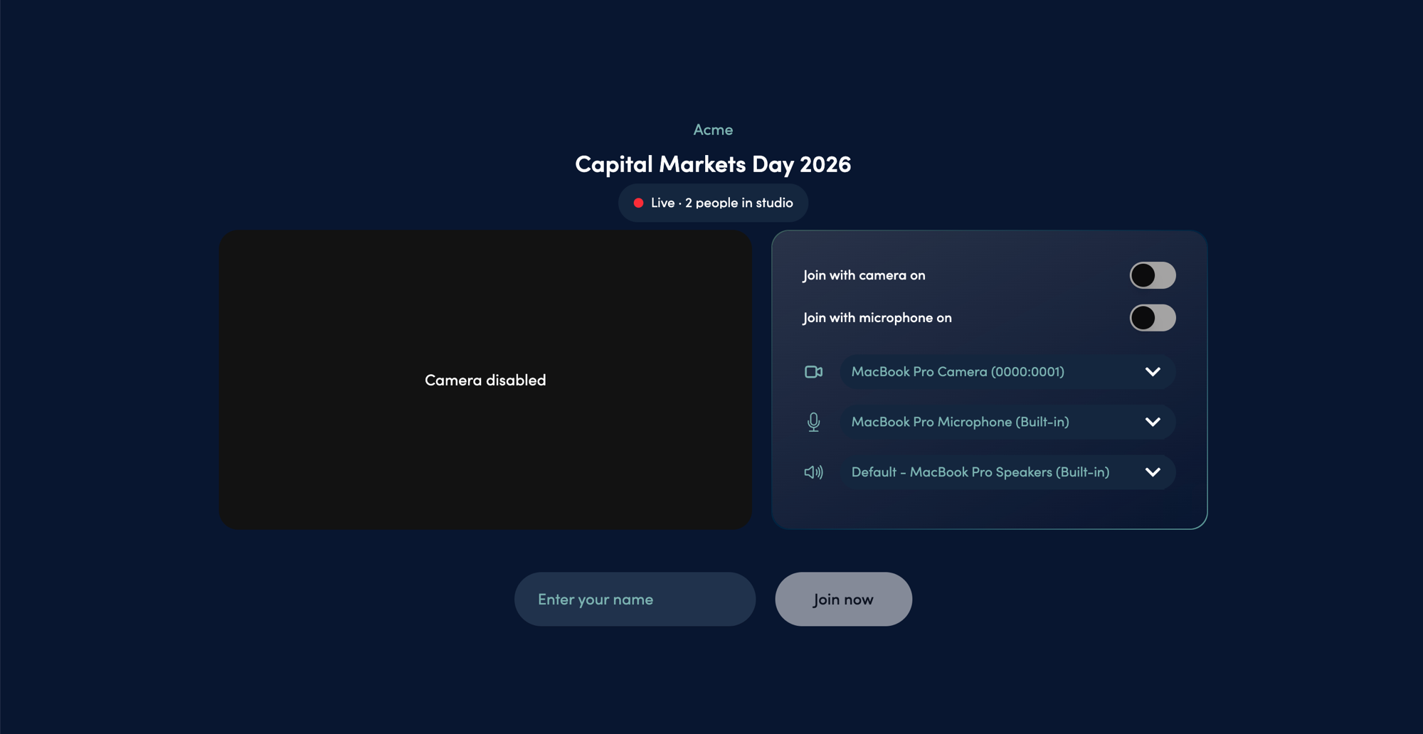 Web Studio lobby showing the Live indicator with participant count above the camera preview and join controls